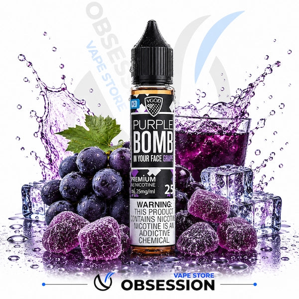 Vape juice bottle labeled 'Purple Bomb' with grapes, ice cubes, and a glass of purple liquid on a white background.