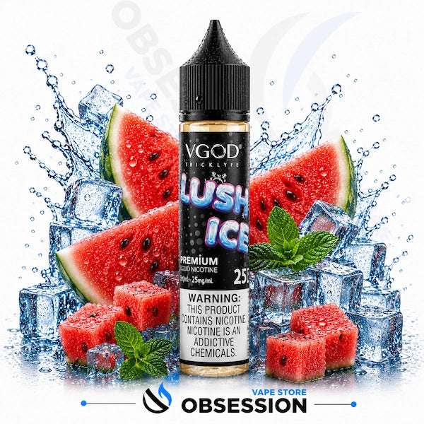 VGod vape juice bottle with watermelon and ice cubes on a white background