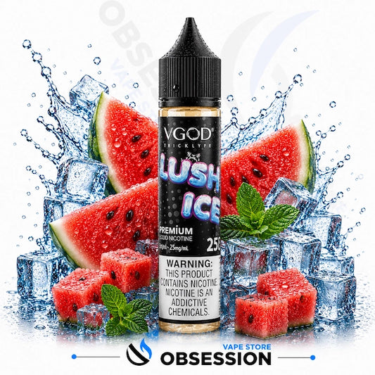 VGod vape juice bottle with watermelon and ice cubes on a white background