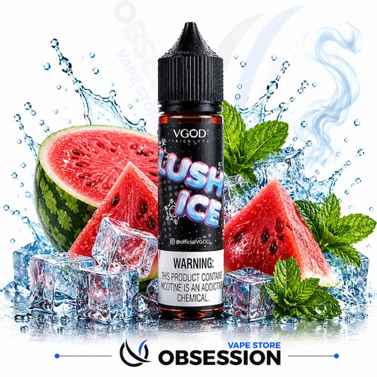 VGODlush Ice vape juice bottle with watermelon and mint elements on a white background.