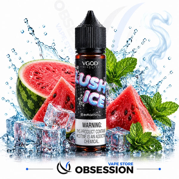 VGODlush Ice vape juice bottle with watermelon and mint elements on a white background.