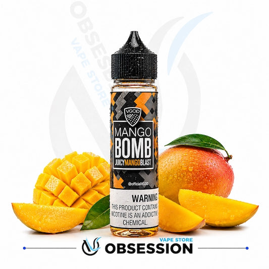 Mango-themed vape juice bottle with mango slices on a white background, featuring the brand 'Obsession'.