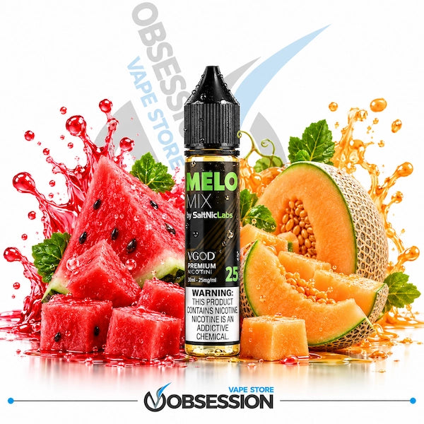 A 30ml bottle of VGOD by SaltNic Labs Melo Mix e-liquid (25mg) with a water droplet-covered black dropper cap, centered among vibrant red watermelon slices and cubes on the left and sweet cantaloupe melon halves, wedges, and cubes on the right, framed by explosive splashes of red watermelon juice and golden melon juice over a reflective surface on a white background, featuring a subtle background watermark and the "OBSESSION VAPE STORE" logo along the bottom border