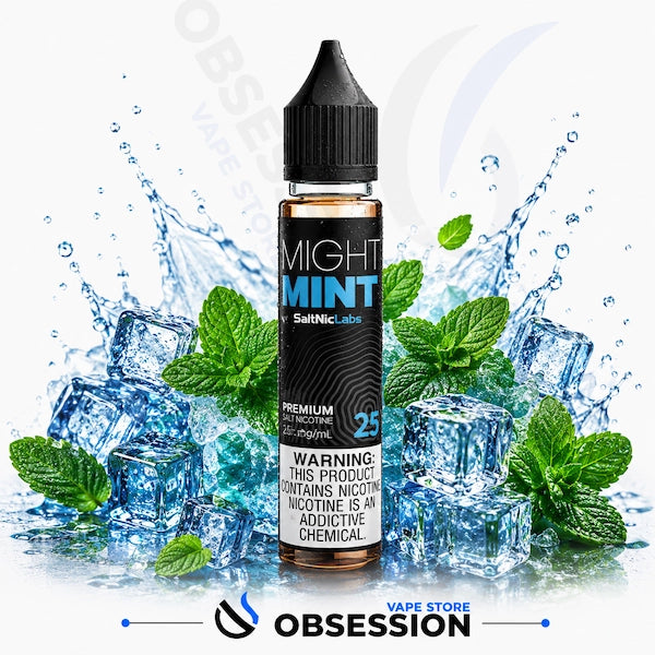 Might Mint vape juice bottle with mint leaves and ice cubes on a white background, featuring the Obsession Vape Store logo.