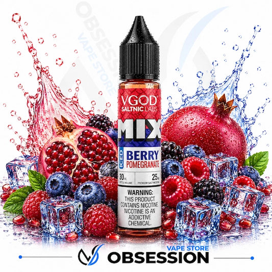 VGOD SaltNic Labs Berry Pomegranate vape juice bottle surrounded by berries and ice cubes with 'Obsession Vape Store' branding.