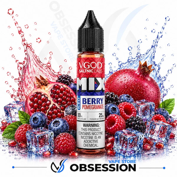 VGOD SaltNic Labs Berry Pomegranate vape juice bottle surrounded by berries and ice cubes with 'Obsession Vape Store' branding.