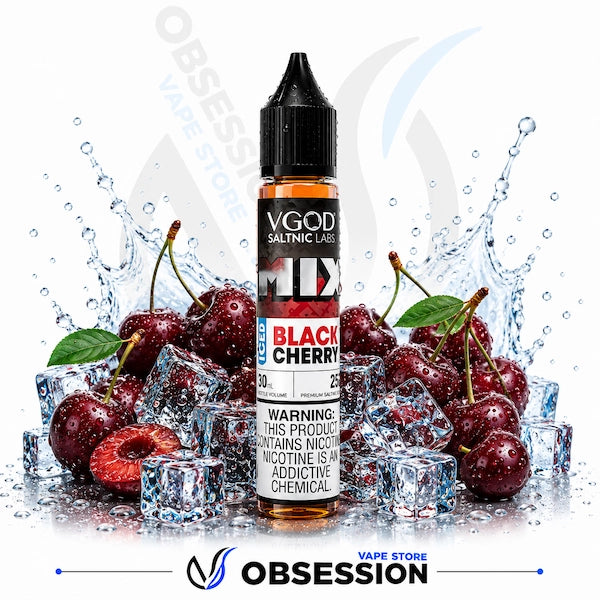 Vape juice bottle with black cherry flavor surrounded by cherries and ice cubes, featuring the brand 'Obsession'.