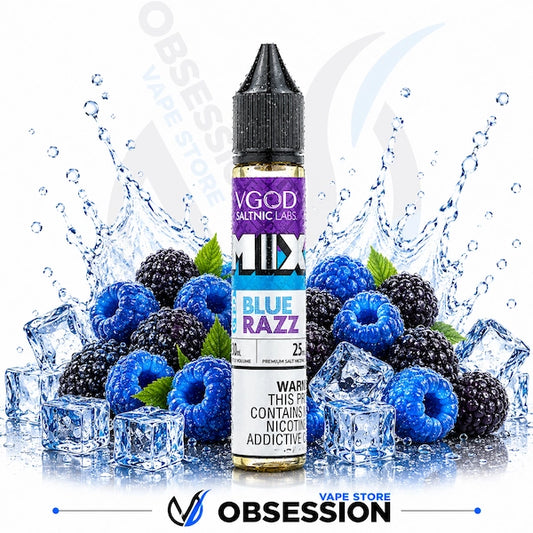 Vape juice bottle with blueberries, blackberries, and ice cubes on a white background