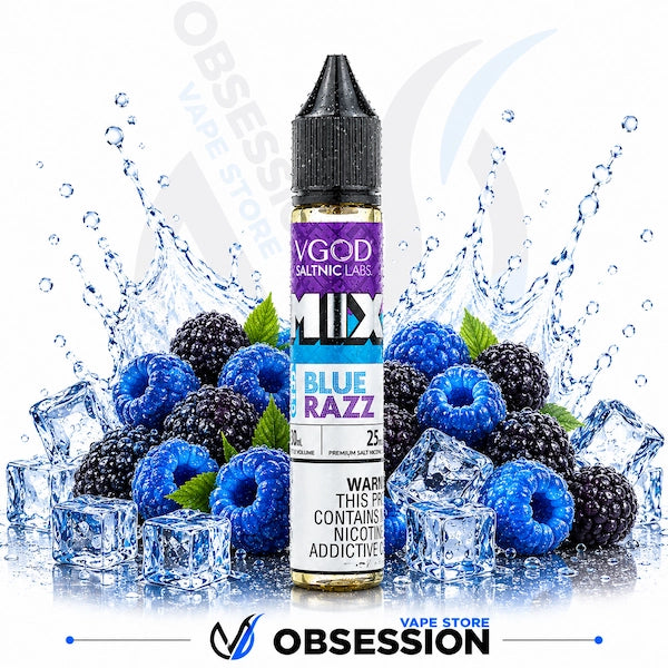 Vape juice bottle with blueberries, blackberries, and ice cubes on a white background