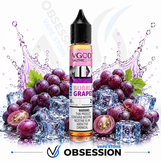 Vape juice bottle with bubble grapes flavor surrounded by grapes and ice cubes, featuring 'Vape Store Obsession' branding.