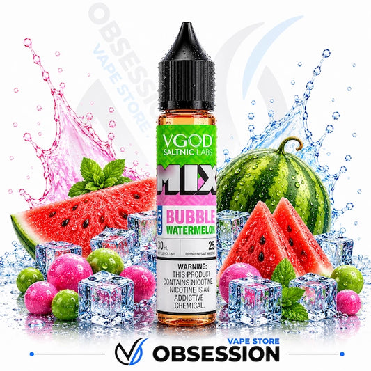 VGOD SaltNic Labs bubble watermelon vape juice with watermelon slices, ice cubes, and water splashes on a white background.
