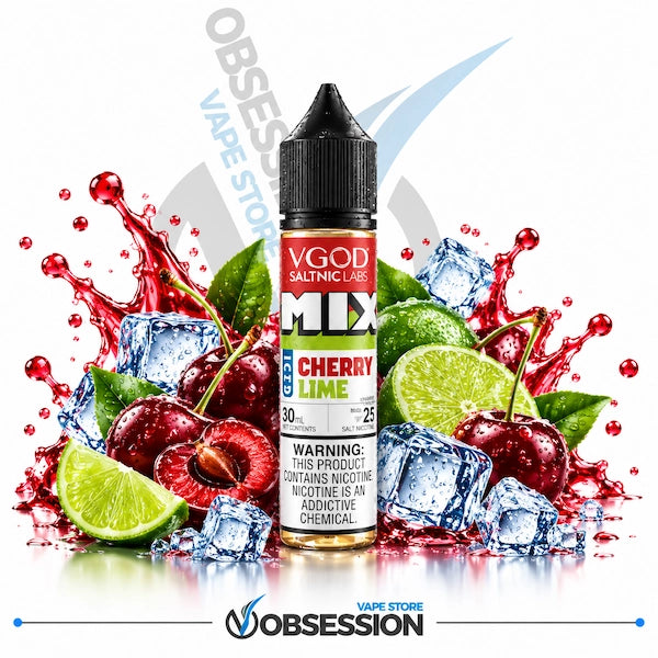 A 30ml bottle of VGOD SaltNic Labs Mix Iced Cherry Lime e-liquid (25mg) with a water droplet-covered black dropper cap, centered among glossy red cherries, a sliced cherry, fresh whole and sliced green limes, green leaves, and crystal-clear ice cubes, framed by explosive dynamic splashes of ruby-red cherry juice over a reflective surface on a white background, featuring a subtle background watermark and the "OBSESSION VAPE STORE" logo along the bottom border.