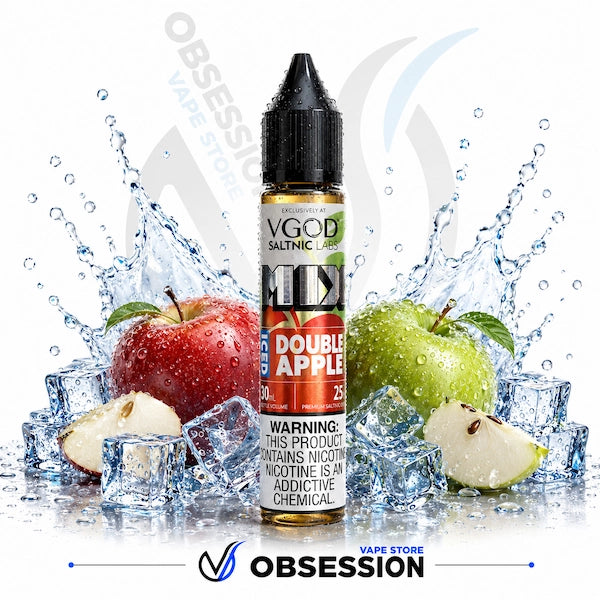 VGOD Double Apple vape juice bottle with apples and ice cubes on a white background