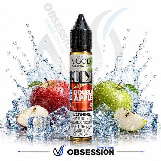 VGOD Double Apple vape juice bottle with apples and ice cubes on a white background