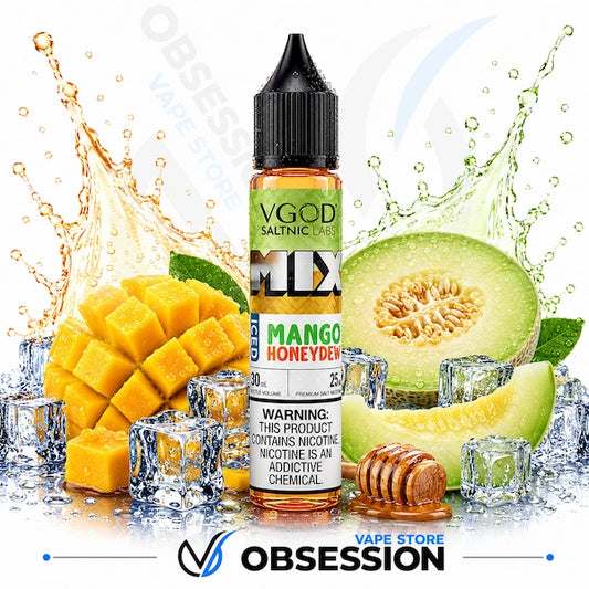 VGOD Melon Honeydew vape juice bottle with mango, honeydew, and ice cubes in the background.