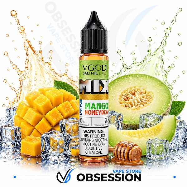 VGOD Melon Honeydew vape juice bottle with mango, honeydew, and ice cubes in the background.