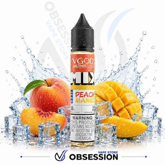 VGOD e-liquid bottle with peach and mango slices and ice cubes on a white background, featuring the 'Obsession' vape store logo.