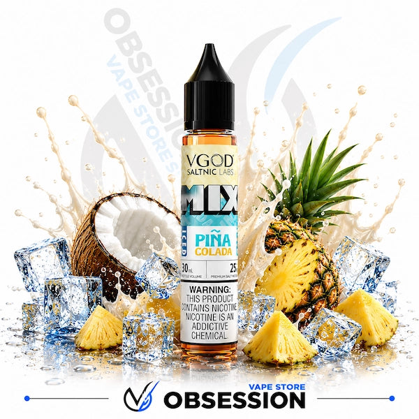 VGOD Pina Colada vape juice bottle with pineapple, coconut, and ice cubes on a white background.