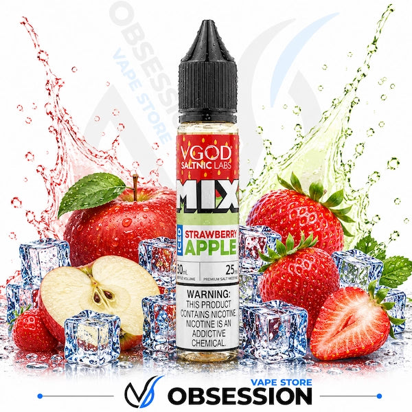 Vape juice bottle with strawberry and apple flavor surrounded by fruits and ice cubes on a white background.
