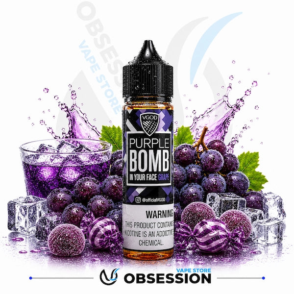 Vape juice bottle labeled 'Purple Bomb' surrounded by grapes and ice cubes on a white background.