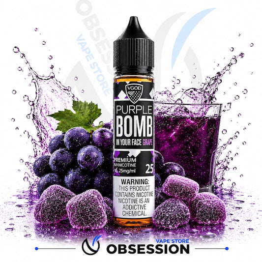 Purple Bomb vape juice bottle with grapes and a glass of purple liquid on a white background.