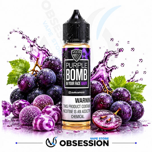 Vape juice bottle labeled 'Purple Bomb' surrounded by grapes and candy on a white background.