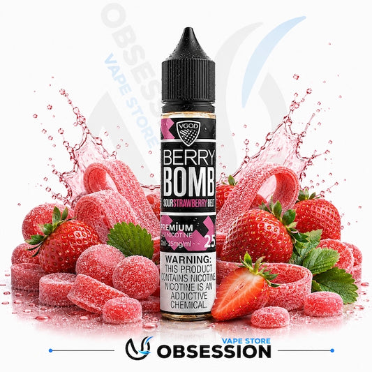 Vape juice bottle labeled 'Berry Bomb' surrounded by strawberries and candy on a white background.