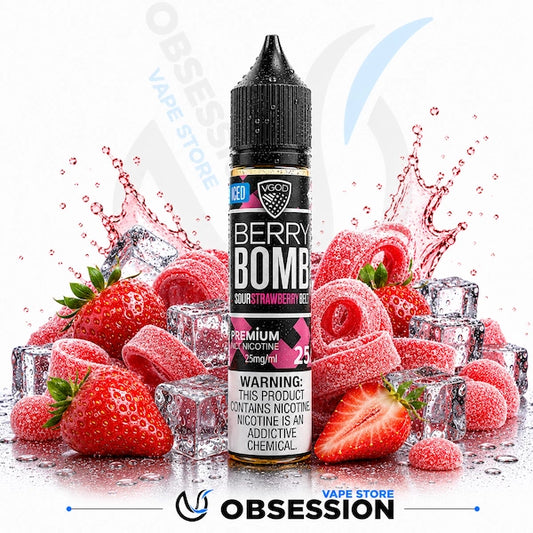 Vape juice bottle labeled 'Berry Bomb' surrounded by strawberries and ice cubes on a white background.