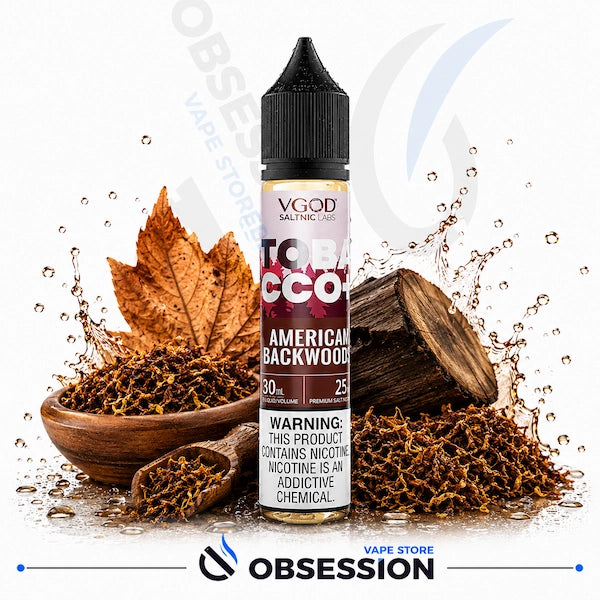 Vape juice bottle with tobacco theme and 'Obsession' branding