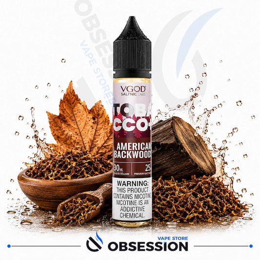 Vape juice bottle with tobacco theme and 'Obsession' branding