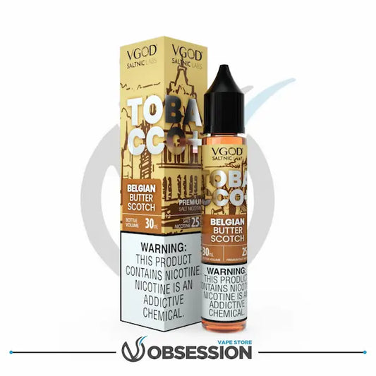 VGOD Tobaco Belgian Butter Scotch vape juice bottle and packaging on a white background
