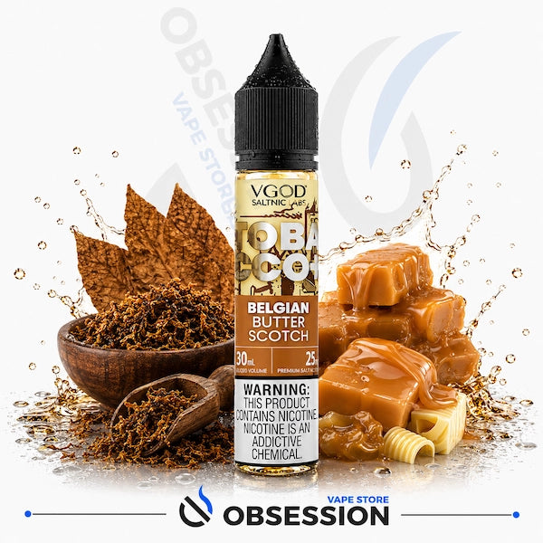 VGOD Belgian Butter Scotch e-liquid bottle with caramel and tobacco elements on a white background.