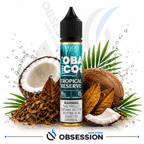 VGOD tobacco vape juice bottle with coconuts and palm leaves on a white background