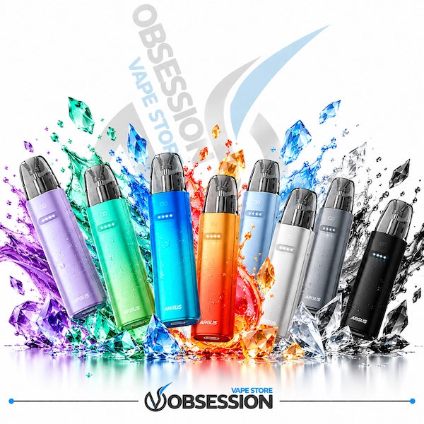 A lineup of VOOPOO Argus G4 Mini pod system vape devices arranged across a spectrum of vibrant colors—purple, green gradient, blue, orange, light blue, silver, dark grey, and black—each covered in fine water droplets and illuminated with glowing battery indicator lights, set against matching color-coded crystal shards and dynamic liquid splashes over a reflective surface on a white background, featuring a subtle background watermark and the "OBSESSION VAPE STORE" logo along the bottom border