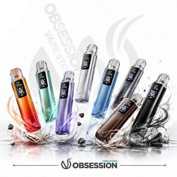 Six Obsession vape devices in assorted colors (orange, teal, purple, silver, blue, brown, and black) arranged in a dynamic fan shape with stylized water splashes and dark stones on a white background. The Obsession brand logo is visible on the devices and as a watermark.