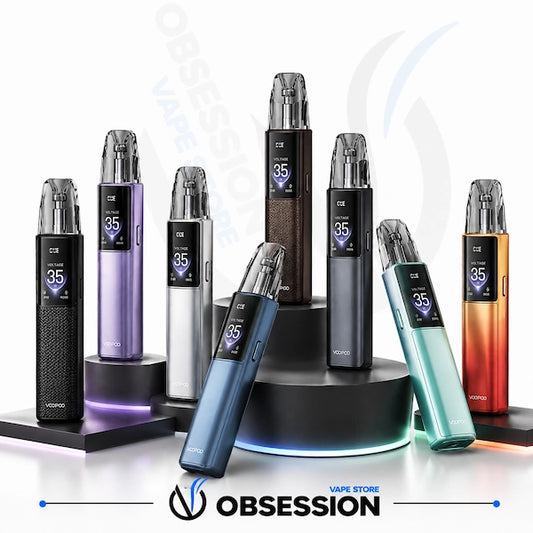 Multiple Vaporesso XROS vape devices in different colors are displayed on black pedestals against a white background with a faint 'OBSESSION VAPE' watermark. Devices shown include black, lavender, silver, dark brown, blue, mint green, and orange.
