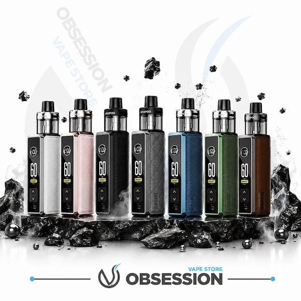 Eight vape devices in different colors (black, silver, rose gold, gray, blue, green, brown) lined up on a stylized background with rocks and smoke effects. The Obsession brand logo is visible at the bottom.