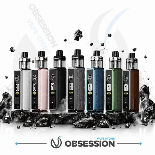 Eight vape devices in different colors (black, silver, rose gold, gray, blue, green, brown) lined up on a stylized background with rocks and smoke effects. The Obsession brand logo is visible at the bottom.