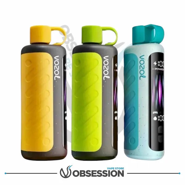 Three colorful Vozol vape devices on a white background with 'Obsession' branding.