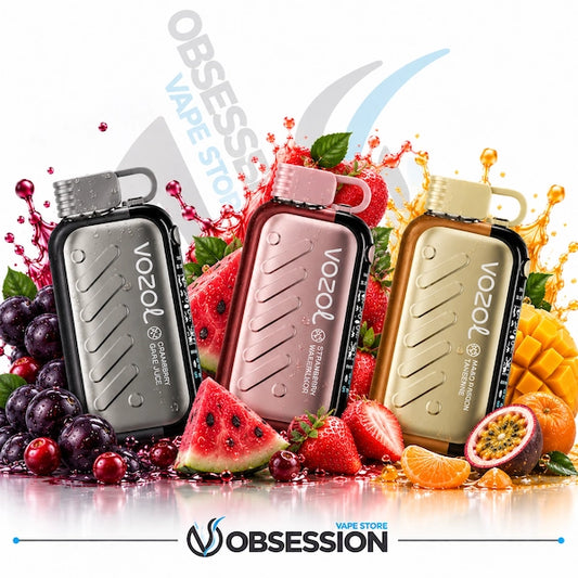 Three Voozol disposable vape devices in silver, pink, and gold, surrounded by fresh fruit slices and splashes of juice on a white background with Obsession Vape Store branding.