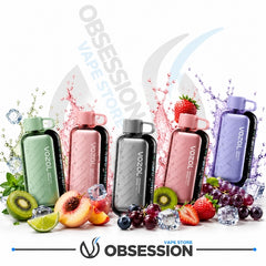Five VOZOL vape devices in mint green, pink, and lavender purple are arranged in a row with various fruits, ice cubes, and water splashes on a white background. The VOOOL brand name is visible on each device, and an 'OBSESSION VAPE STORE' watermark and logo are present.
