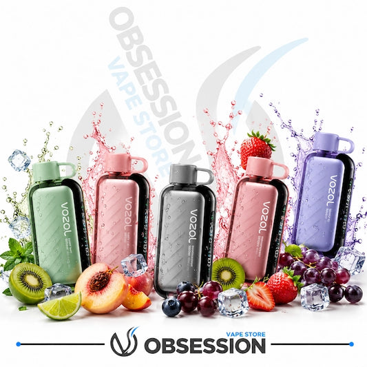 Five VOZOL vape devices in mint green, pink, and lavender purple are arranged in a row with various fruits, ice cubes, and water splashes on a white background. The VOOOL brand name is visible on each device, and an 'OBSESSION VAPE STORE' watermark and logo are present.