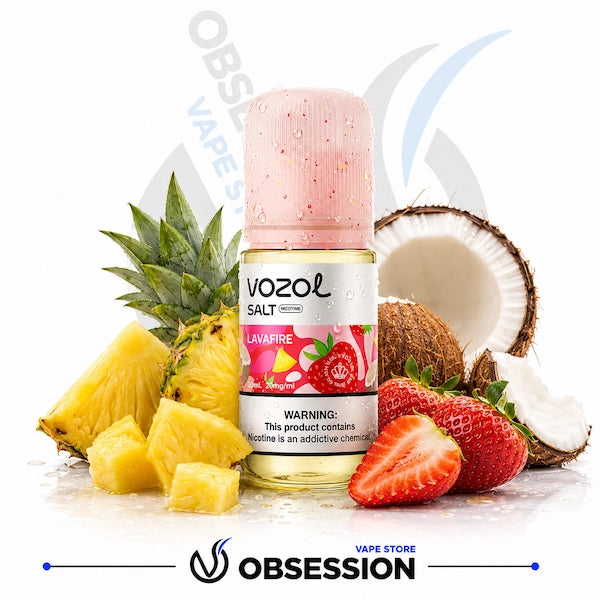 A bottle of Vozol Salt e-liquid, Lavafire flavor, surrounded by fresh fruit illustrations including pineapple, strawberries, and a coconut on a white background with Obsession Vapes branding.