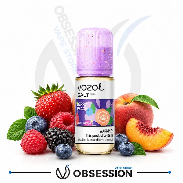 Vozol berry peach vape juice bottle with fruits on a white background