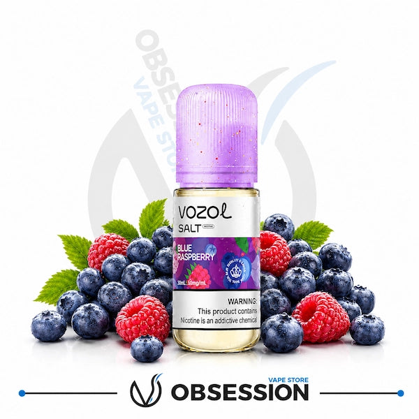 Vozol Blue Raspberry vape juice bottle with berries on a white background