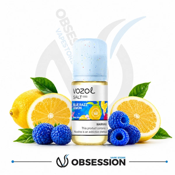 Vozol vape juice bottle with lemons and blueberries on a white background