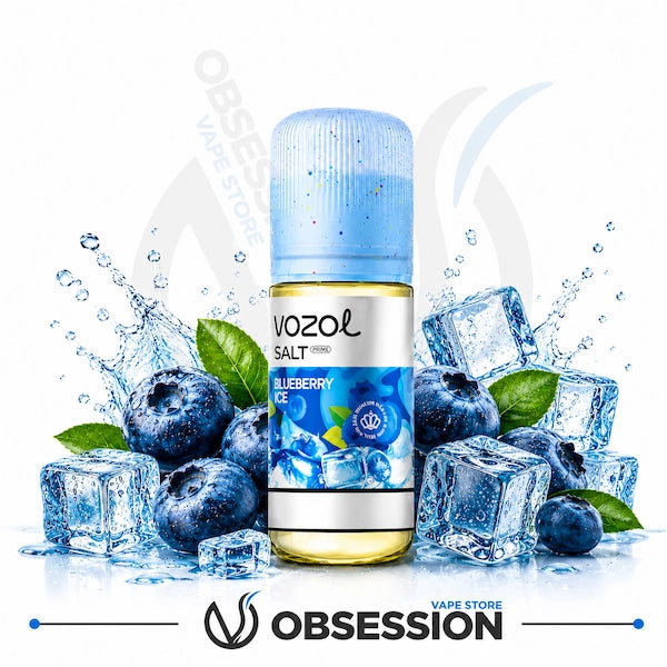 Vozol Blueberry Ice vape juice bottle with blueberries and ice cubes on a white background