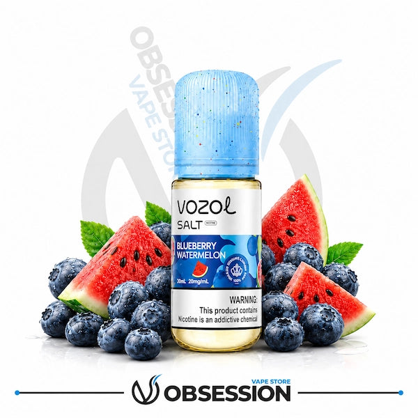 Vozol Blueberry Watermelon vape juice bottle with watermelons and blueberries on a white background