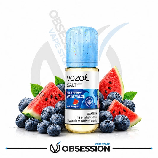 Vozol Blueberry Watermelon vape juice bottle with watermelons and blueberries on a white background