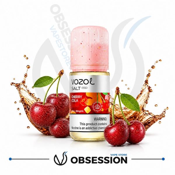 VOZOL Cherry Cola vape juice bottle with cherries and liquid splashes on a white background